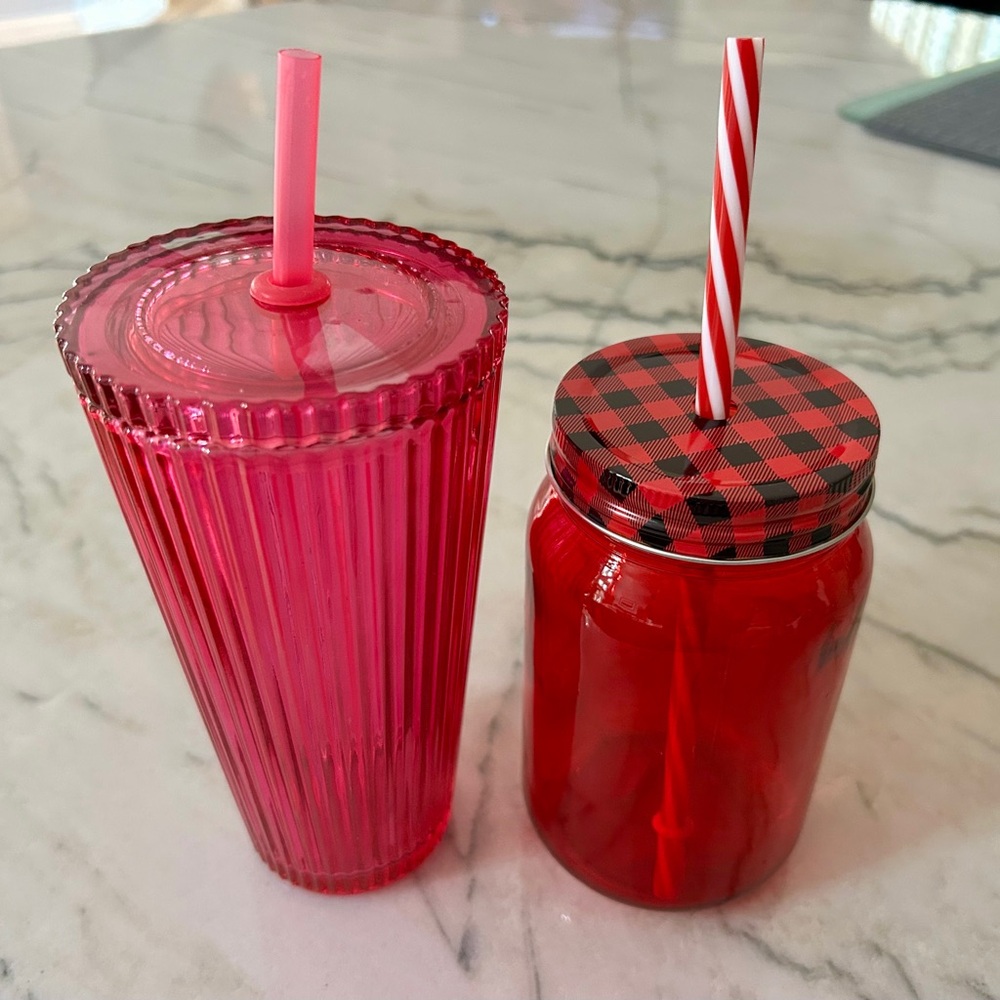 Set of Two Drink Tumblers with Straws Pink & Red